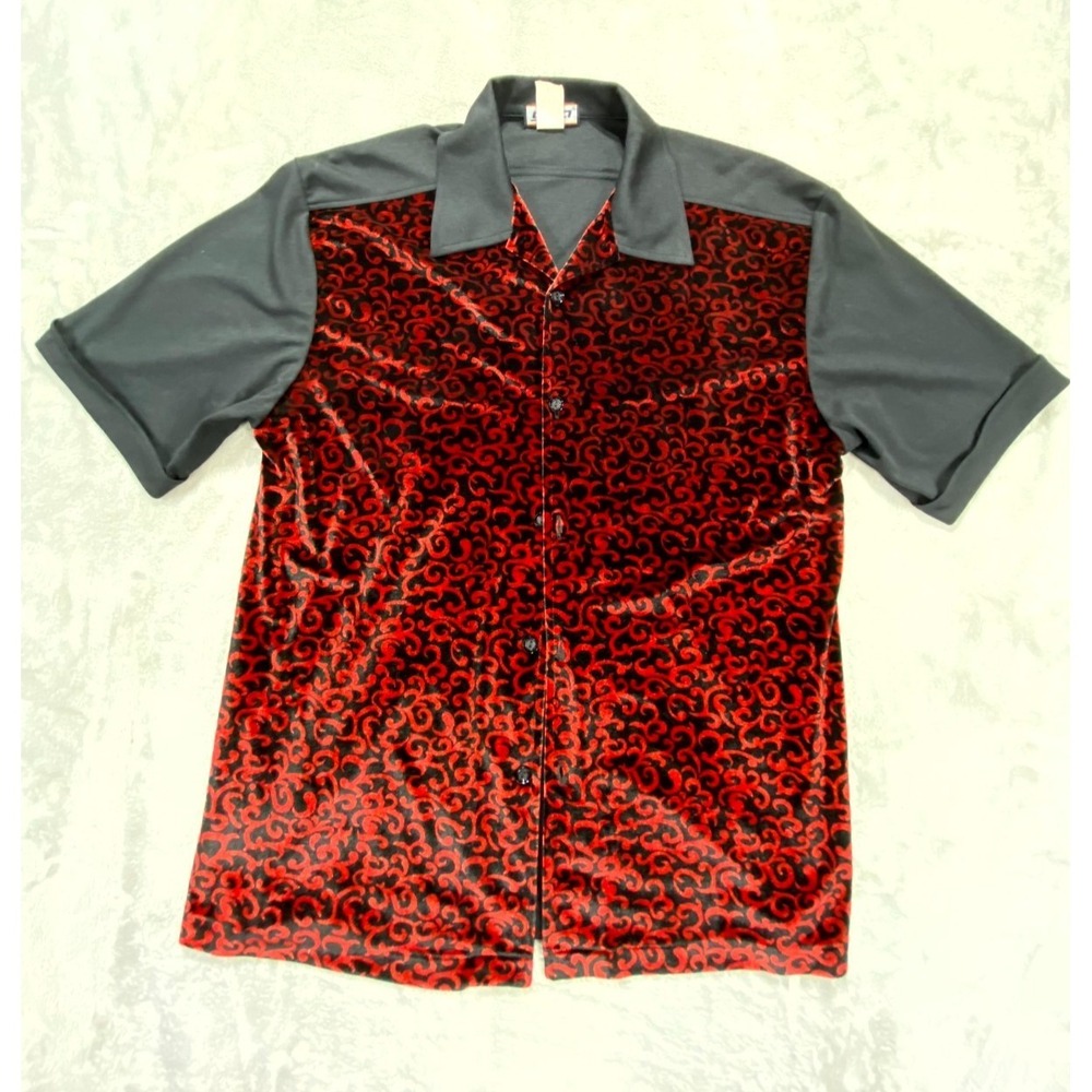 YMLA Button Shirt Men L Black Red Velvet Gothic Baroque Retro Rave Clubwear Y2K